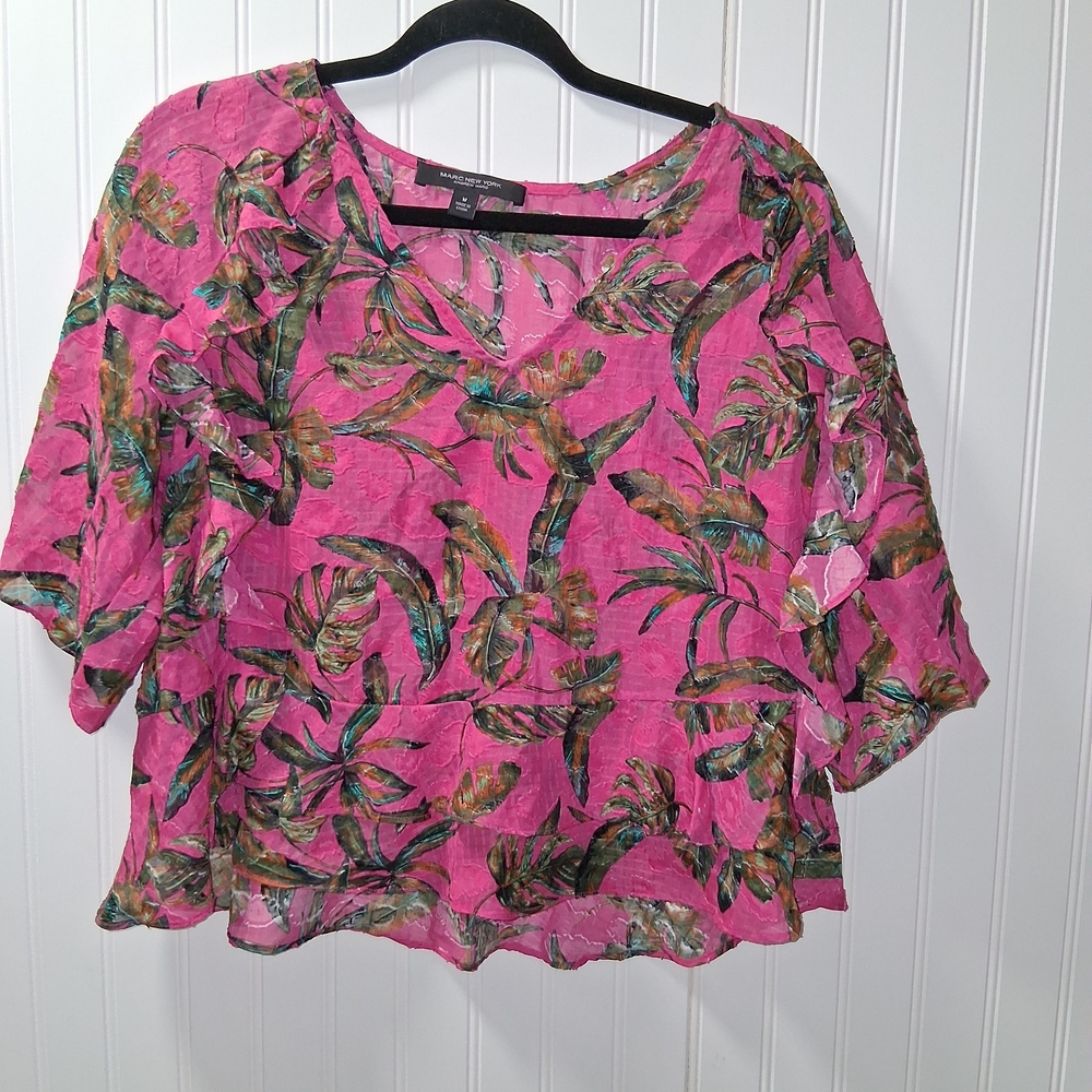 Pink Ruffles Floral Women's Top, Flare Sleeve